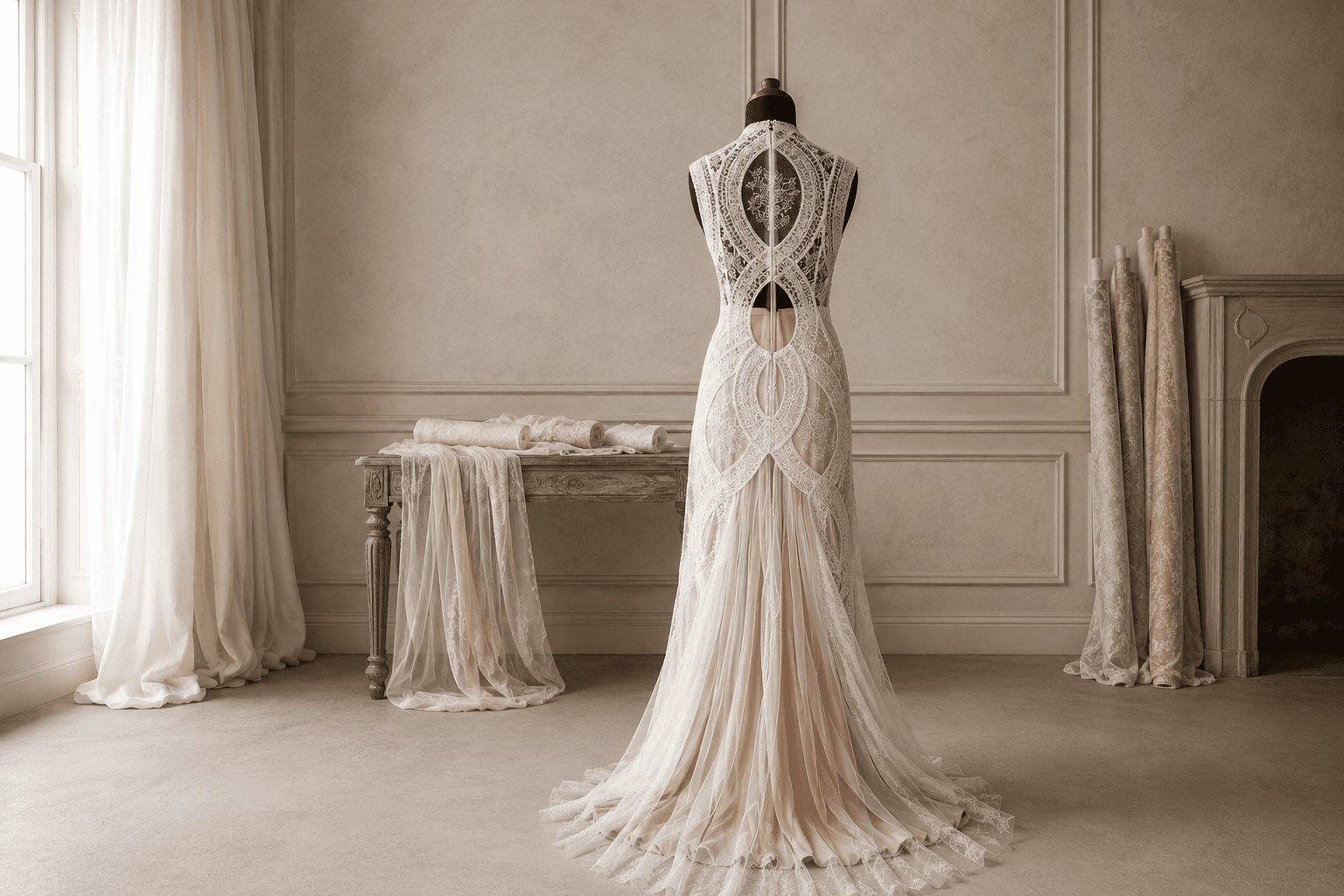 Couture-Brautkleid in einer hellen Atelierkomposition.