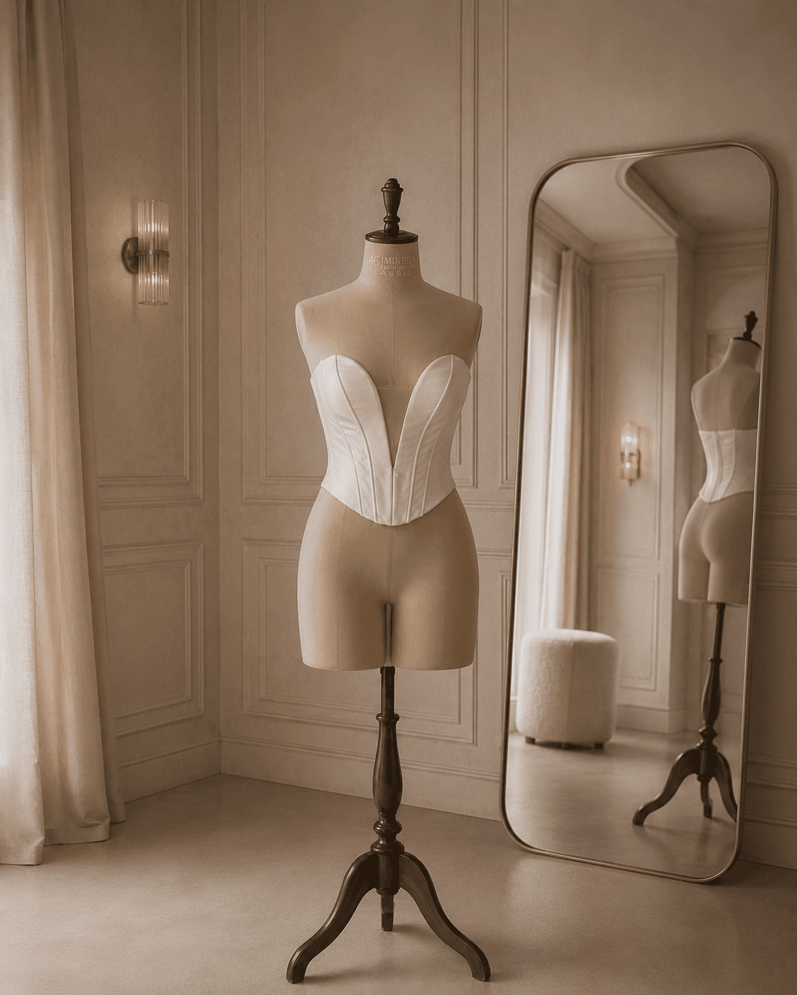 Couture-Brautkleid in heller Atelierkomposition.