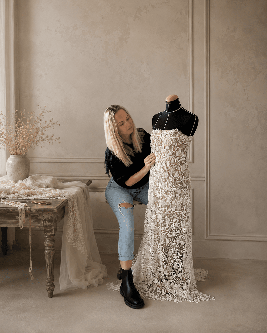Brautkleid-Anpassung im Atelier von Marina Okley.